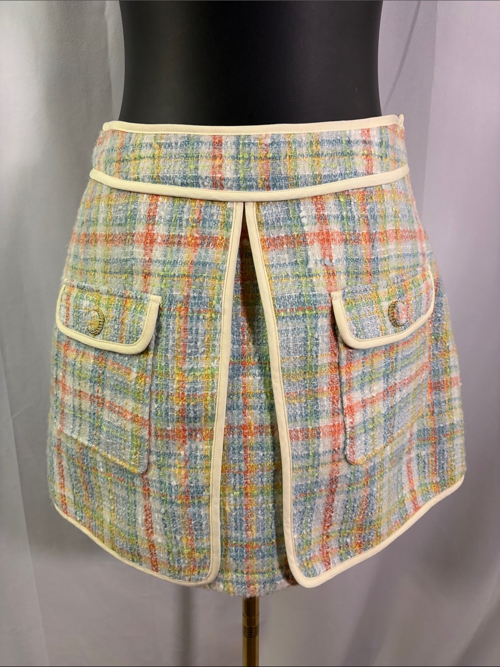 English Factory Pastel Plaid Tweed Split Seam Mini Skirt